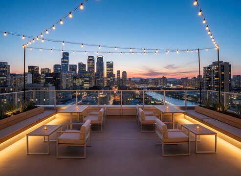 Stunning rooftop bar with vibrant city views at dusk offers an elegant, modern setting for unforgettable evenings and upscale social gatherings
