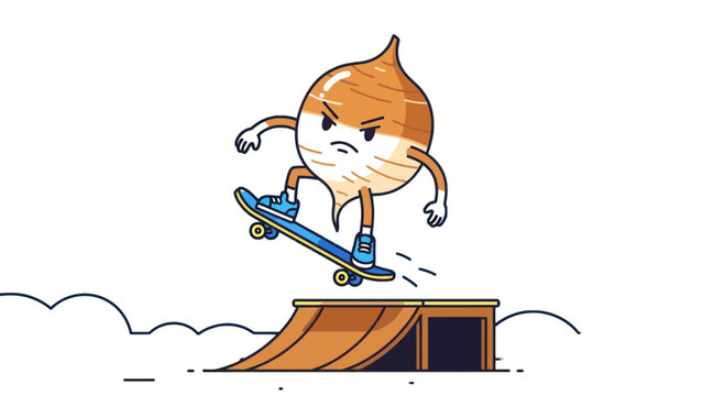 Animated Vegetable Character Performs Skateboarding Trick on Ramp Against Black Background