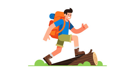 Adventurous Hiker Walking On A Log, Illustration Depicting Hiking And Nature