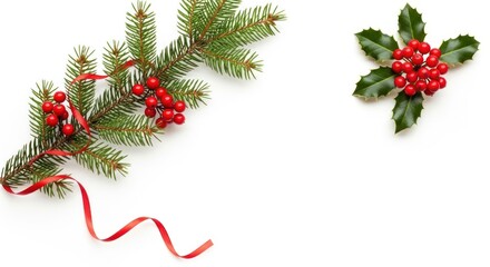 Festive christmas composition with fir branch holly berries and red ribbon on white background