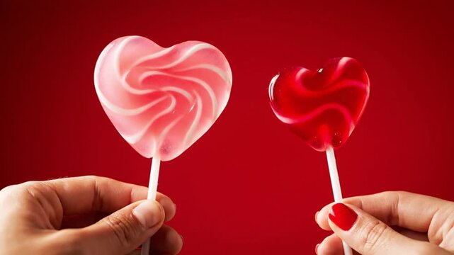 Close Up of Couple Hands Holding Heart Shaped Lollipops on Red Background, Romantic Valentine's Day Concept with Pink Swirl and Red Glossy Candy, Sweet Love and Affection Symbol