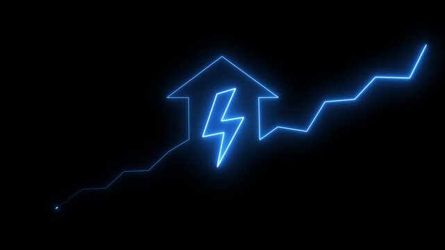 Blue neon arrow with lightning bolt and rising graph on black background bright charge