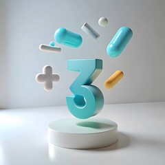 Abstract 3d number three with floating geometric shapes and pastel colors