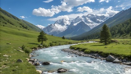 Scenic mountain landscape with turquoise river, lush green valley, and snow-capped peaks under a blue sky with clouds
