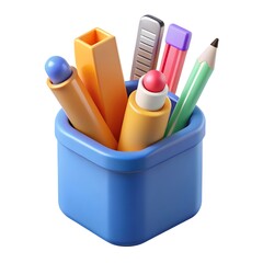 Colorful assortment of school and office supplies in a blue holder