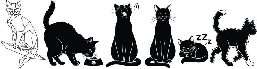 Horizontal collection of various cat vector illustrations, featuring black silhouettes in sitting, eating, sleeping, walking, and geometric polygonal styles for pet, animal, and veterinary concepts.
