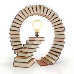 Stack of books forming a circular staircase leading to a glowing light bulb representing knowledge and ideas