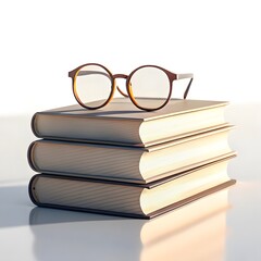 Stack of old books with round eyeglasses on top against a white background