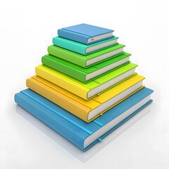 Stack of colorful books arranged in a pyramid shape on a white background