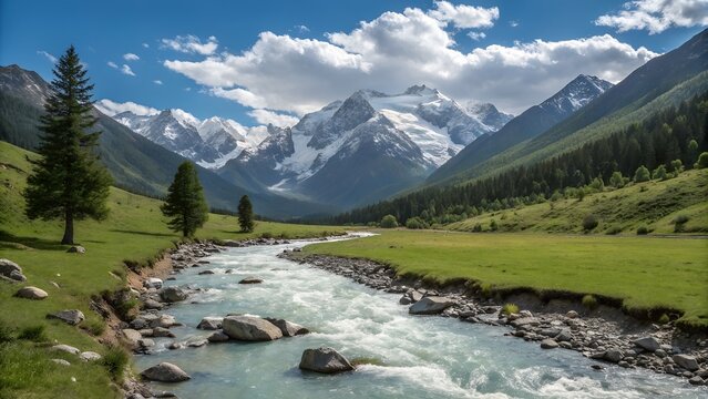 Breathtaking glacial river flowing through green valley toward snow capped mountains under summer sky for adventure travel and exploration