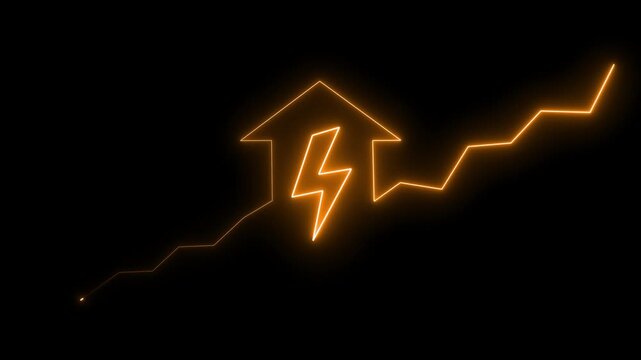 Orange neon arrow with lightning bolt and rising graph on black background bright charge