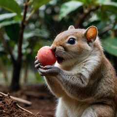 cute squirrel is eating  fruit in the park.