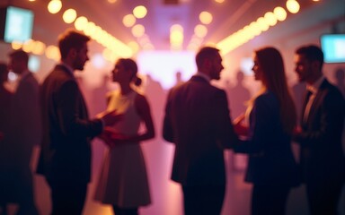 A vibrant networking event with business professionals engaging in conversation, blurred figures creating a sense of motion and activity. High quality