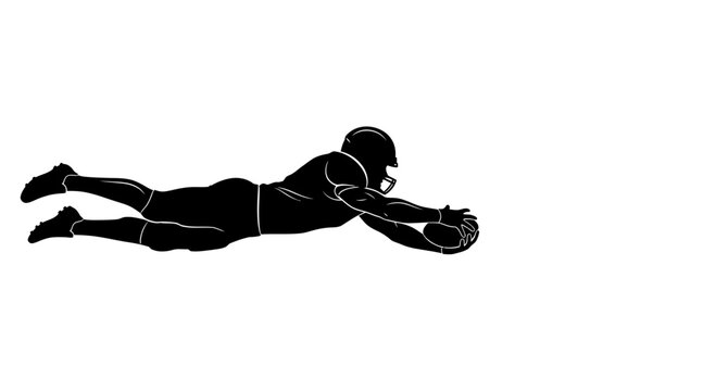 Dynamic American football player silhouette making a diving catch, embodying speed and agility, a powerful symbol of athleticism and determination, vector origin