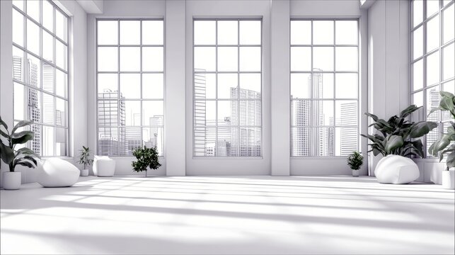 A bright, spacious white loft apartment with large grid windows overlooking a cityscape, furnished with minimalist seating and potted plants.
