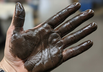Close-up Realistic Image of a Hand Covered in Thick Black Oil with Natural Lighting and Minimal Background &ndash; Generative AI