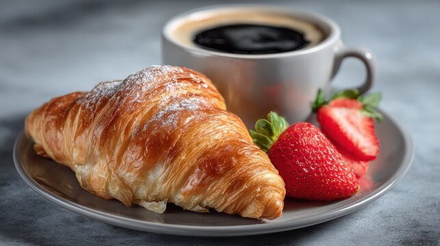 Delightful breakfast arrangement featuring a croissant coffee and strawberries