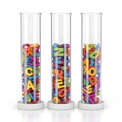 Three clear test tubes filled with colorful alphabet letters on white background
