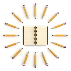 Pencils arranged in a circle around an open notebook on a white background