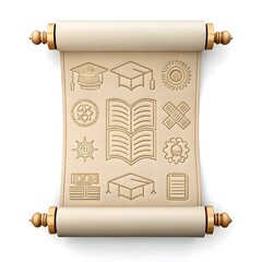 Ancient scroll with educational symbols and open book illustration
