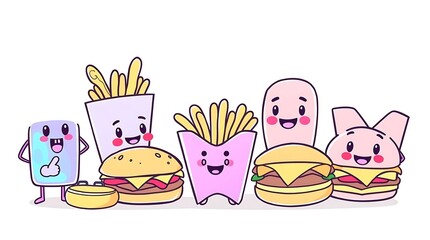 Cartoon fast food illustration burgers fries and drinks with friendly faces