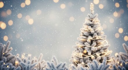 Magical winter wonderland scene with christmas tree and festive bokeh lights in the snow