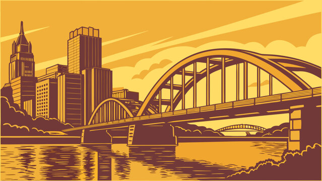 Pittsburgh skyline vector with bridge and cityscape over water. Suitable for travel brochures, postcards, website headers, and social media posts.