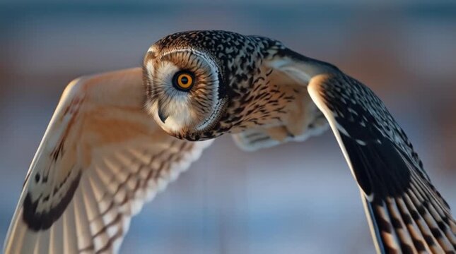 Majestic flying owl close up soaring low over winter field at sunrise