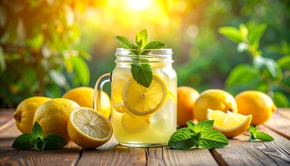Refreshing lemonade with lemon slices and mint garnish served outdoors.
