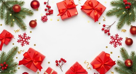 Festive christmas flat lay with red gifts, ornaments, and fir branches creating a holiday border