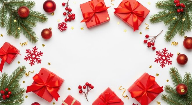 Festive christmas flat lay with red gifts, ornaments, and fir branches creating a holiday border