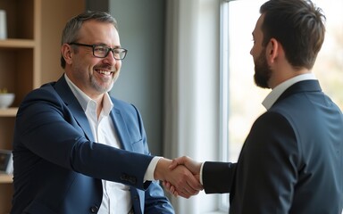 Smiling middle aged business man handshaking partner making partnership collaboration agreement at office meeting, hr manager and new worker shake hands recruiting at job interview. Welcome onboarding
