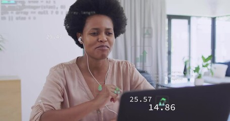 Woman starting online meeting, speaking and typing while green icons showing sustainability metrics - Powered by Adobe