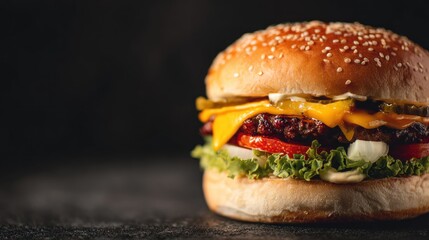 Delicious cheeseburger with fresh ingredients on a dark background close-up