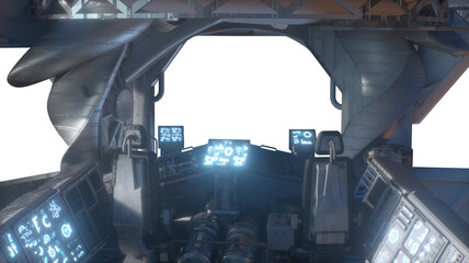 Spaceship Cockpit Interior with View of Earth and Stars Through Window - Sci-Fi Space Travel 3d render on white background