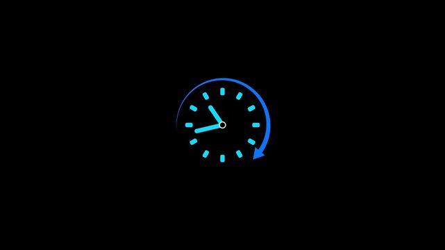Blue clock with arrow and hands on a black background time circular