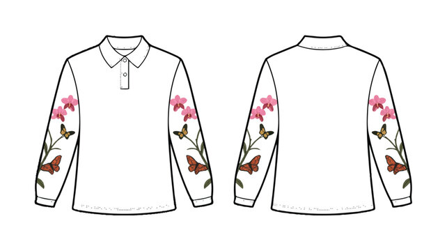 Technical fashion illustration of a garment design with detailed specifications and color options