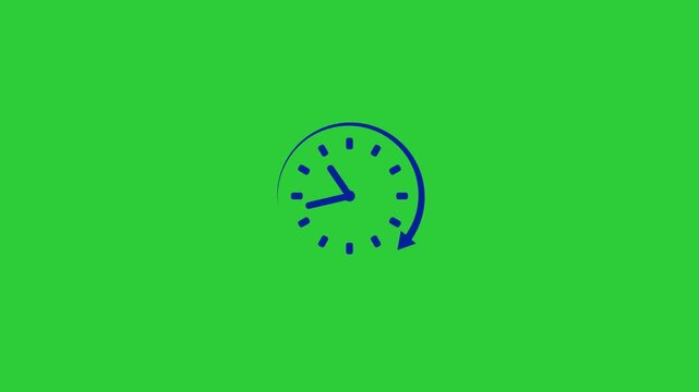 Simple Blue Clock Icon with Arrow on Green Background Keywords: clock, time, icon, symbol, arrow, circular, rotation, timekeeping, schedule, deadline, punctuality, speed, efficiency, concept