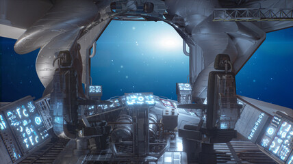 Spaceship Cockpit Interior with View of Earth and Stars Through Window - Sci-Fi Space Travel 3d render © de Art
