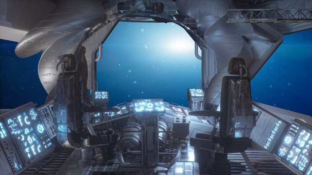 Spaceship Cockpit Interior with View of Earth and Stars Through Window - Sci-Fi Space Travel 3d render