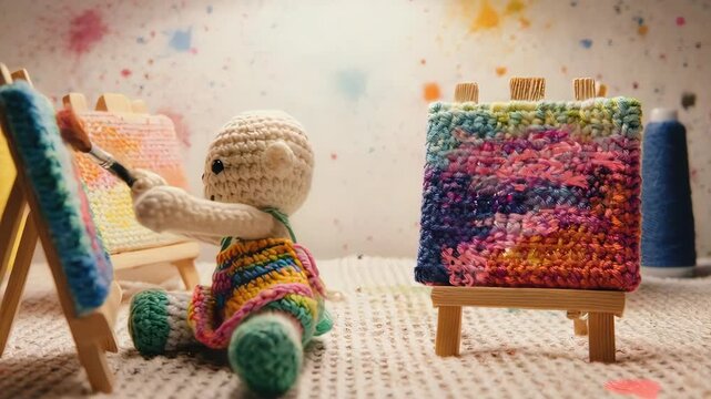 A crochet artist doll paints on a miniature canvas with yarn spools, a whimsical scene