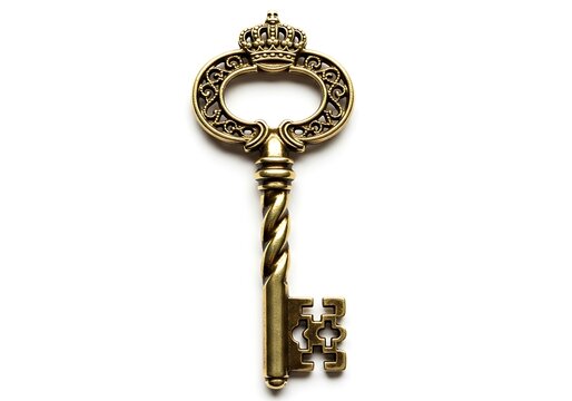 Ornate golden key with a crown and intricate scrollwork design.