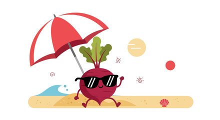 Fototapeta premium Beetroot Enjoying Sunny Beach Vacation, Relaxing Under Umbrella, Cartoon Illustration