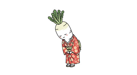 Cartoon Japanese Daikon Radish in a Kimono Expressing Gratitude and Showing Respect