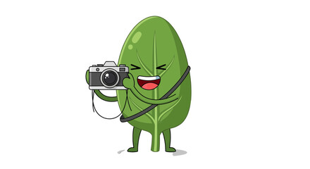 Cartoon Leaf Character Capturing Moments With Camera, Illustration, Black Background