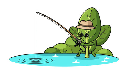 Cartoon Leafy Character Fishing in Crystal Waters Depicting a Humorous Scene with Anguish