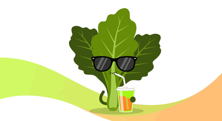 Cartoon Leafy Green Vegetable With Sunglasses Enjoys a Colorful Refreshing Drink