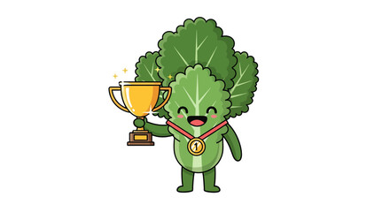 Cartoon Lettuce Character Wins a Trophy Celebrating a Achievement Against Black Background