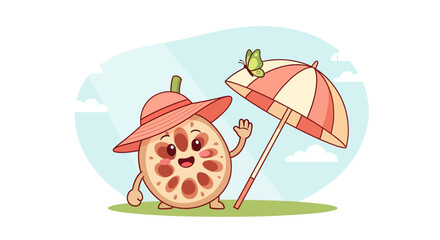 Cartoon Lotus Root Character Enjoying Sun, Butterfly, And Relaxing On Holiday Season