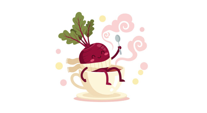 Beetroot Lounging In A Mug Of Tea With A Cozy Scarf And Happy Expression